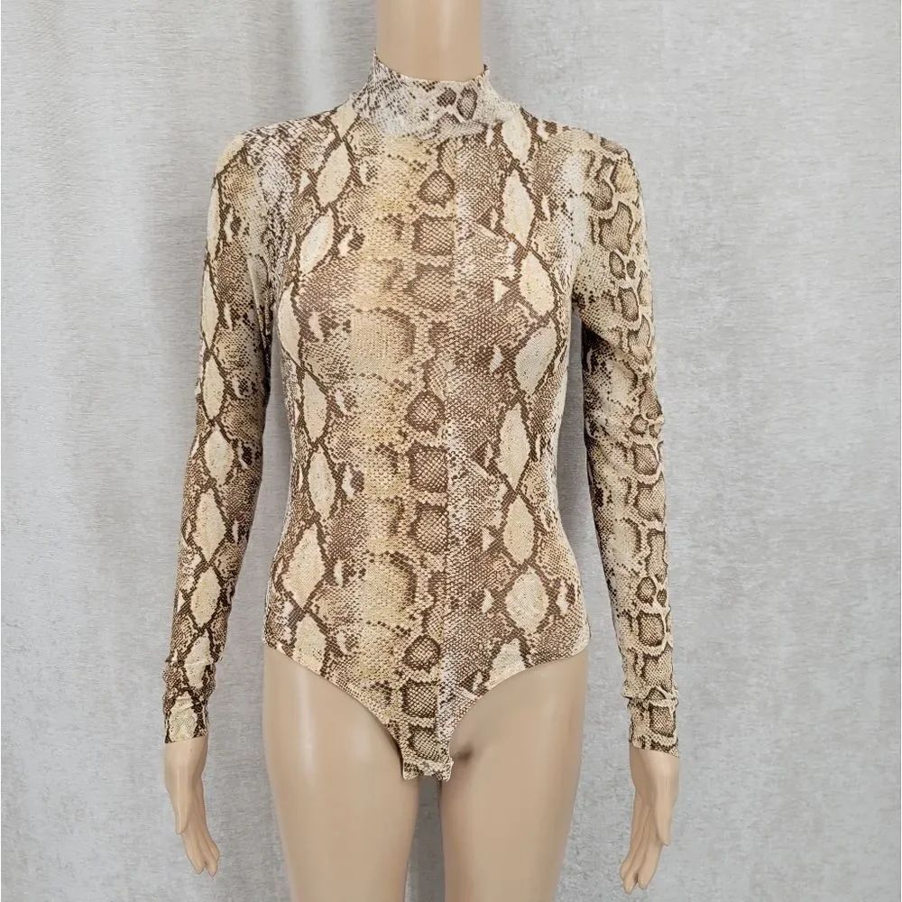 Windsor 90s Snakeskin Print Micro Mesh Sheer Bodysuit Women's Size Small
